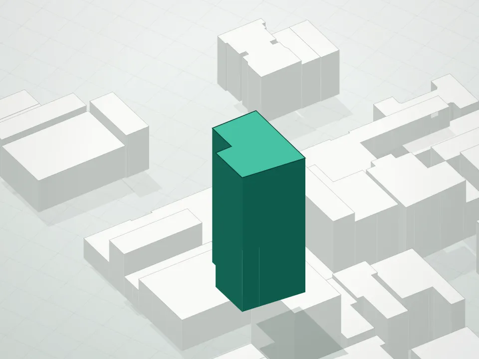 3D massing drawing of Blue Condominium and neighboring buildings