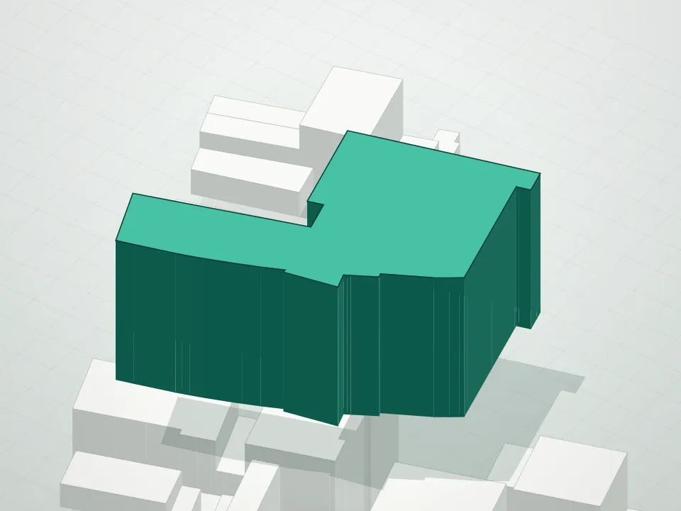 3D massing drawing of Queens Crossing Condominium and neighboring buildings