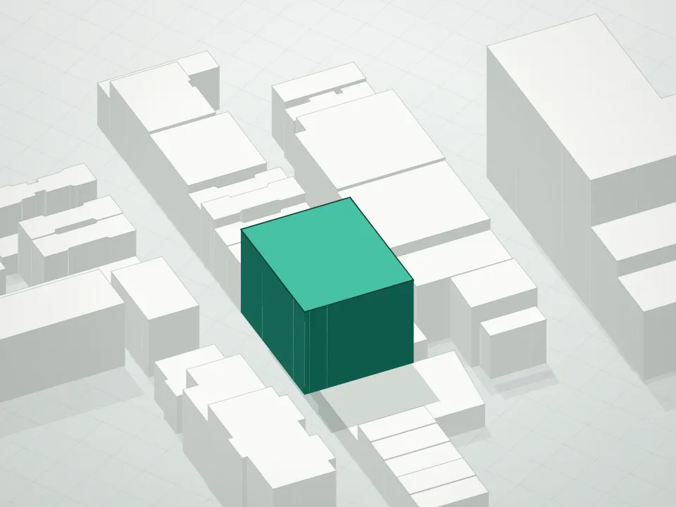 3D massing drawing of Hit Factory Condominium and neighboring buildings