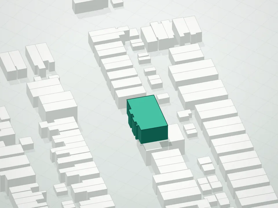 3D massing drawing of Crystal Garden Condominium and neighboring buildings