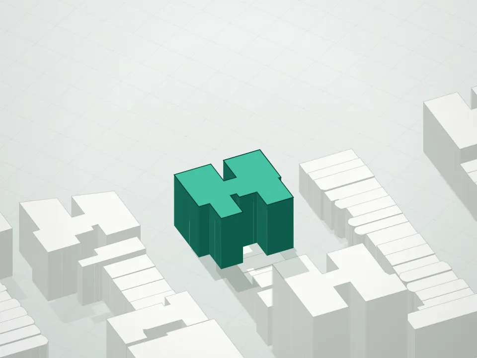 3D massing drawing of 690 Riverside Condominium and neighboring buildings