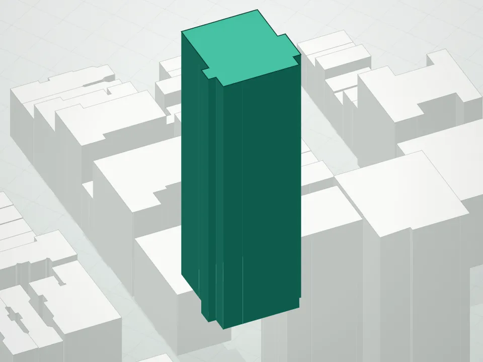 3D massing drawing of 1438 Third Avenue Condo. Maison East and neighboring buildings
