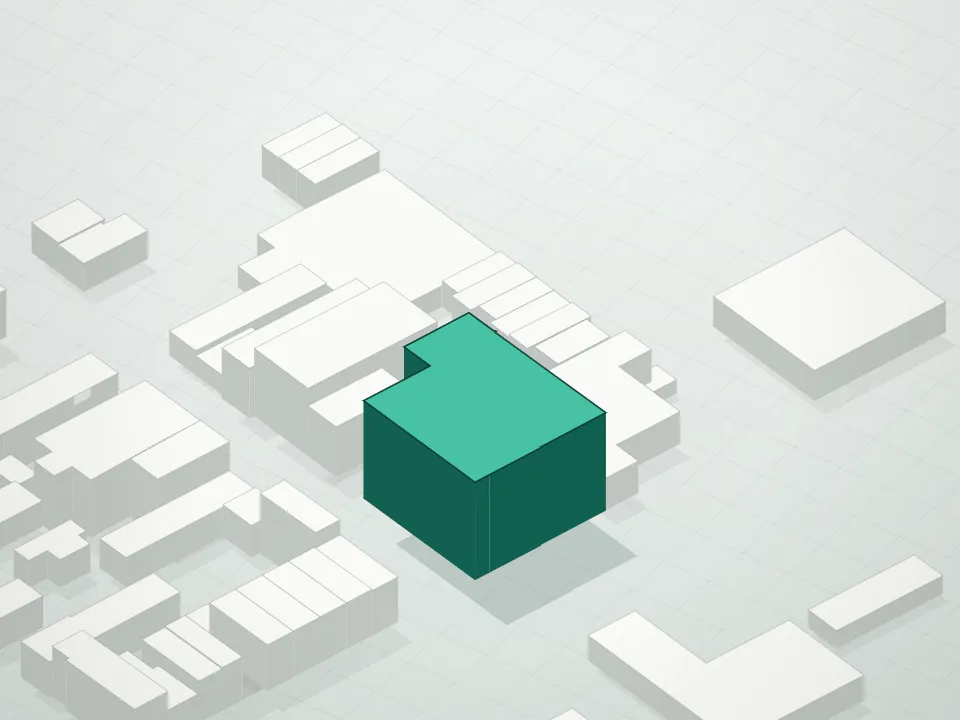 3D massing drawing of Badge Building and neighboring buildings