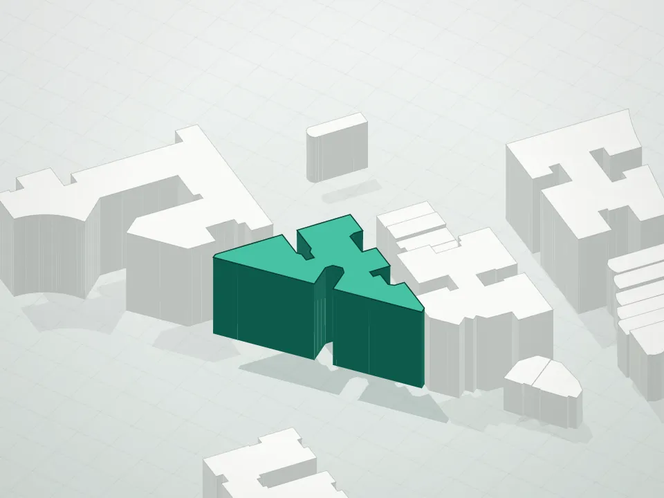 3D massing drawing of 801 Riverside Condominium and neighboring buildings