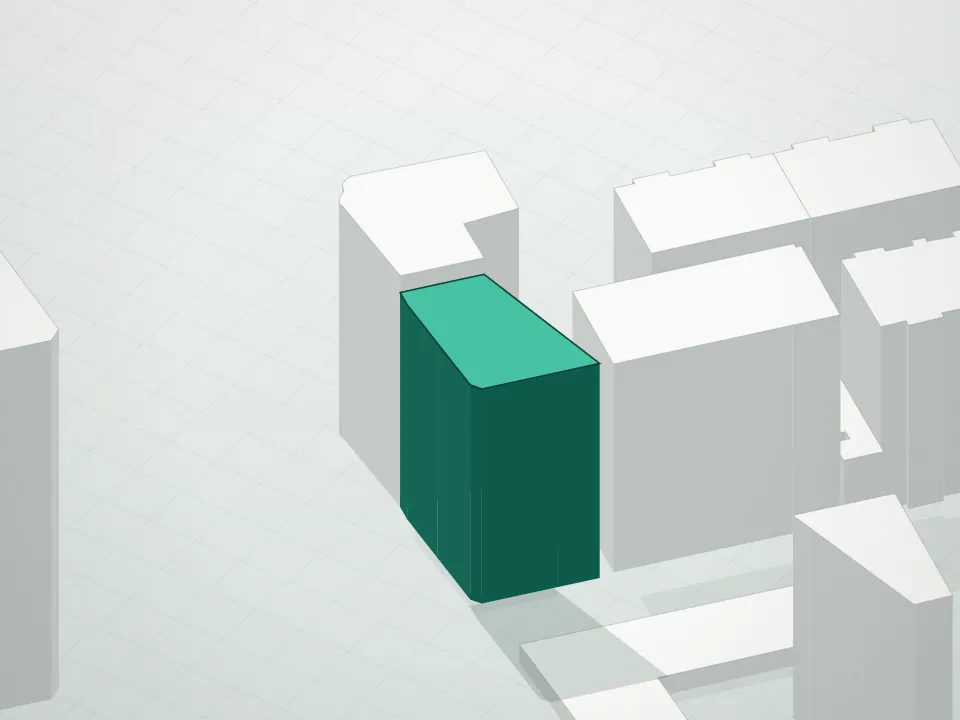 3D massing drawing of View 59 Condominium and neighboring buildings