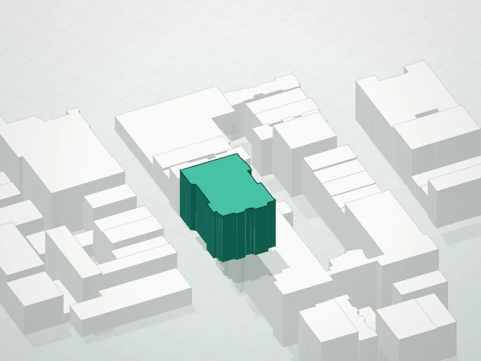 3D massing drawing of Clinton West Condominium and neighboring buildings