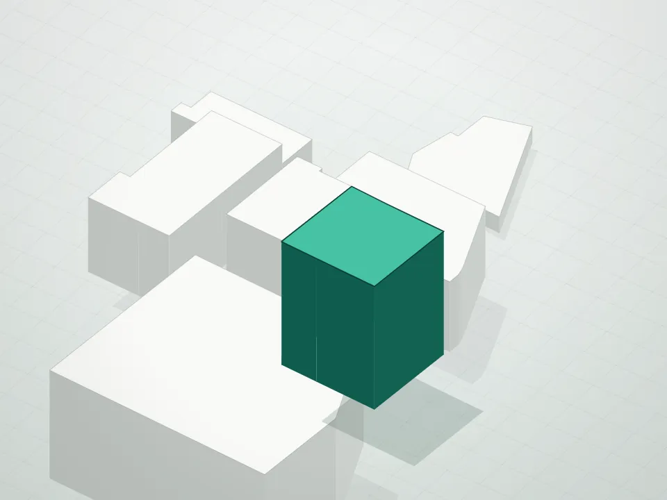 3D massing drawing of One Three Three Condominium and neighboring buildings
