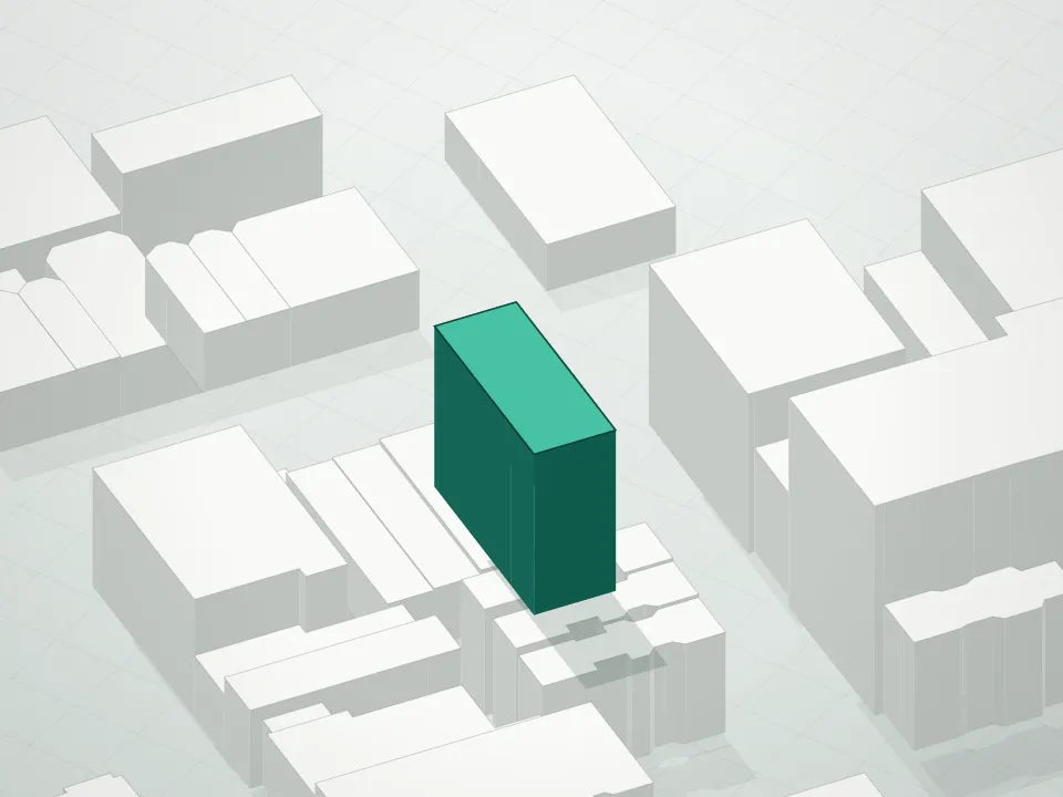 3D massing drawing of Bridge Condominium and neighboring buildings