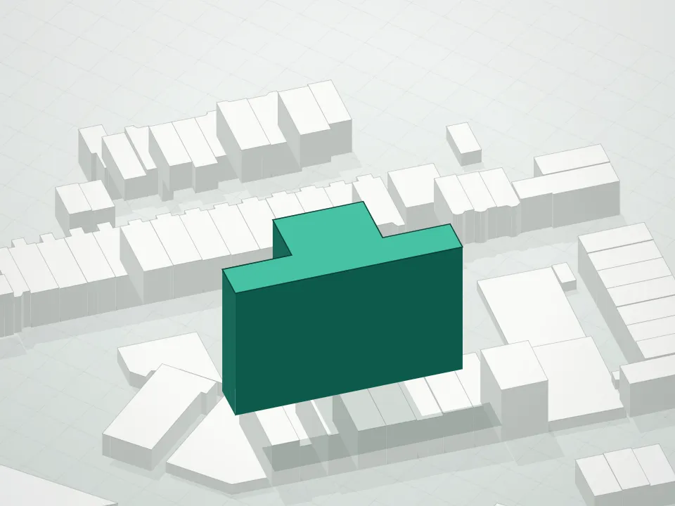 3D massing drawing of 358 Grove Street Condominium and neighboring buildings