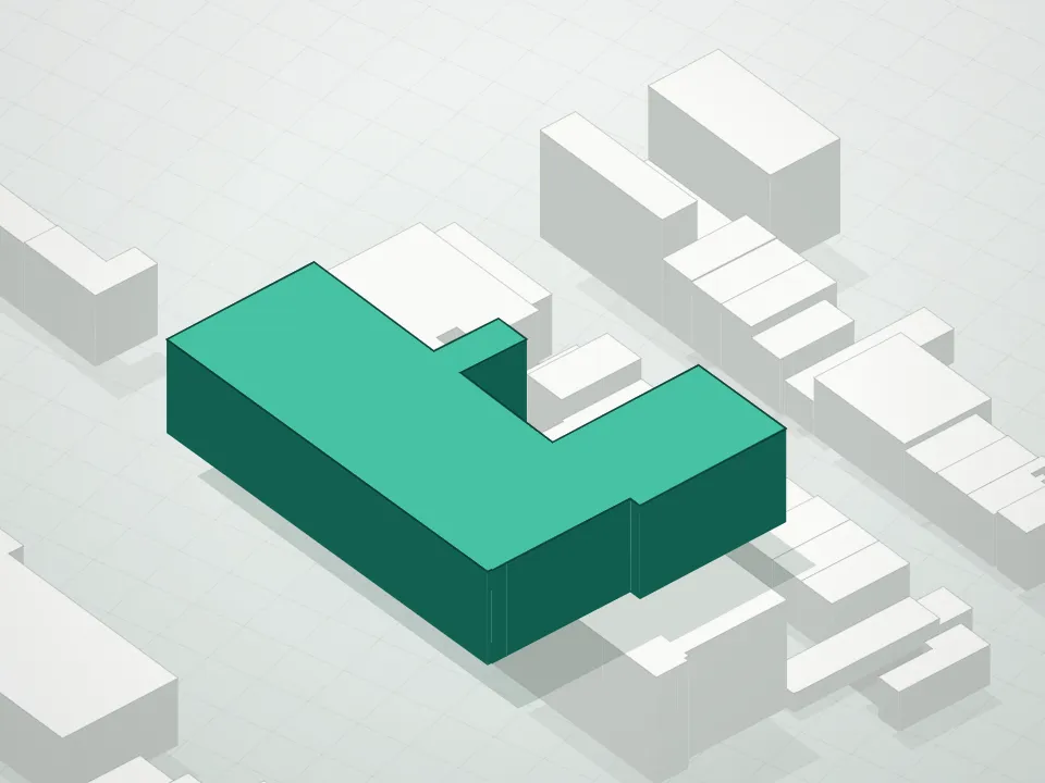 3D massing drawing of 5th Street Lofts Condominium and neighboring buildings