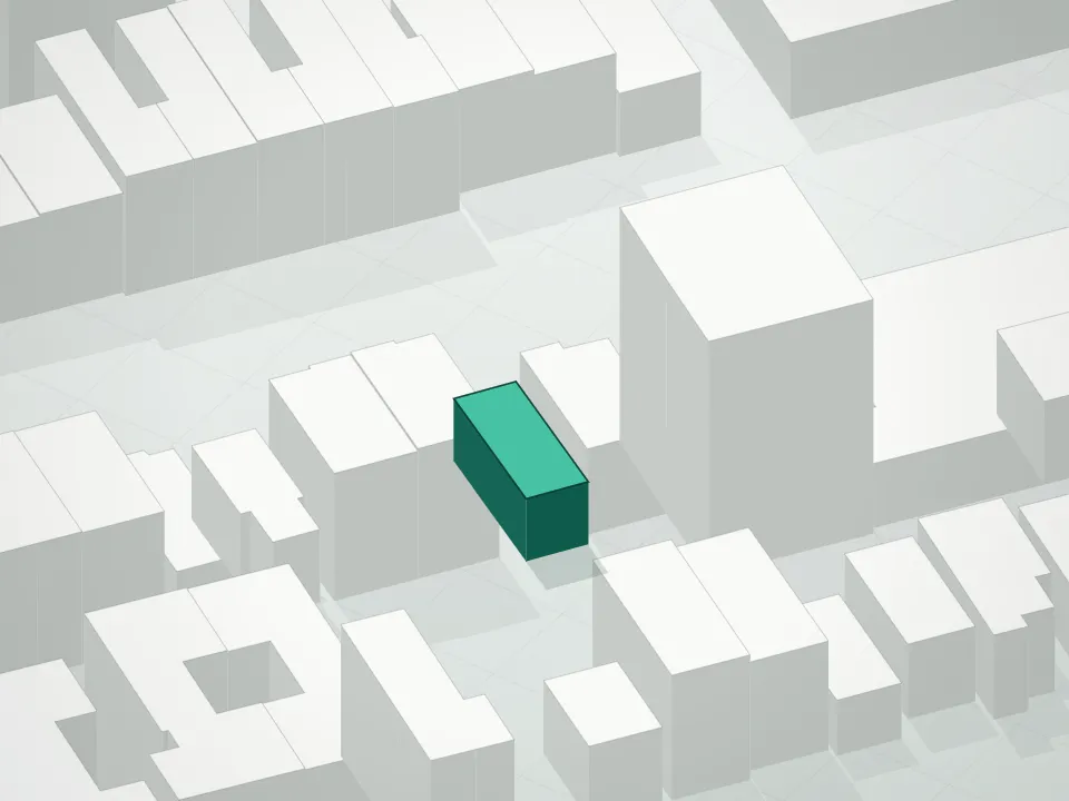 3D massing drawing of 23-23 Condominium and neighboring buildings