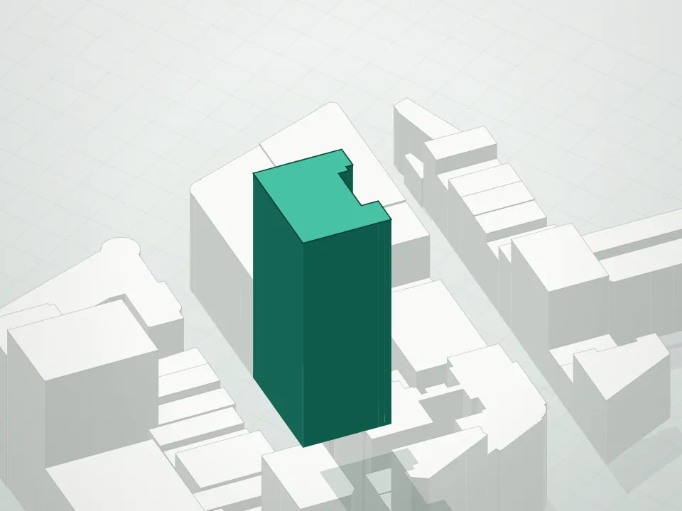 3D massing drawing of Artisan Lofts Condo and neighboring buildings