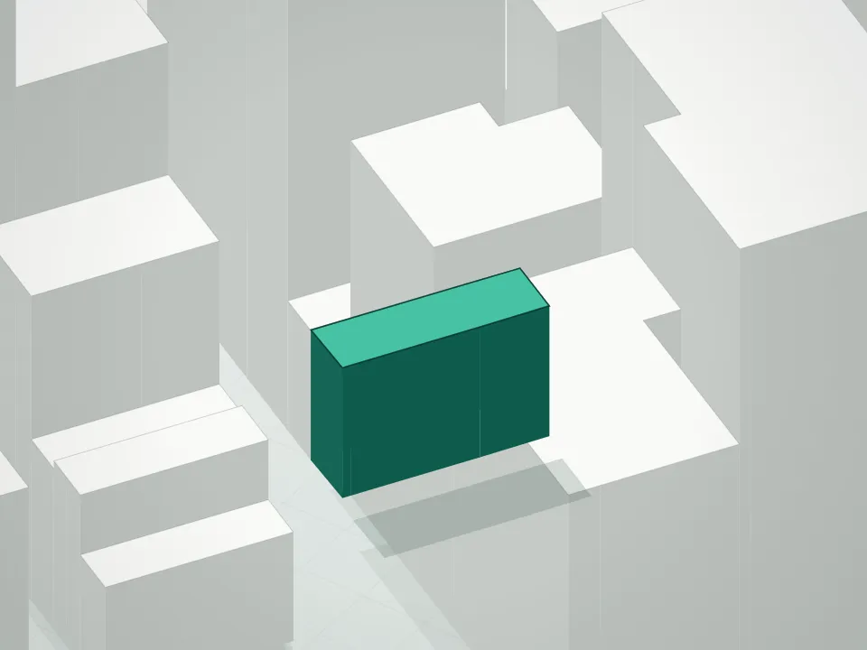 3D massing drawing of Number 5 Condominium and neighboring buildings