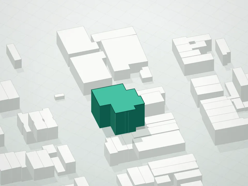 3D massing drawing of L Lofts Condominium and neighboring buildings