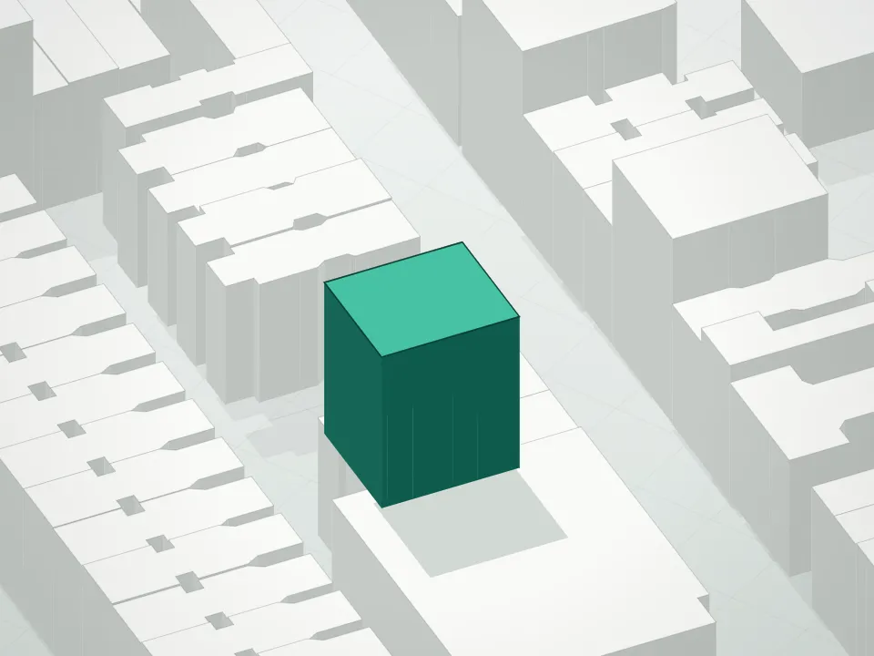 3D massing drawing of Palomar and neighboring buildings