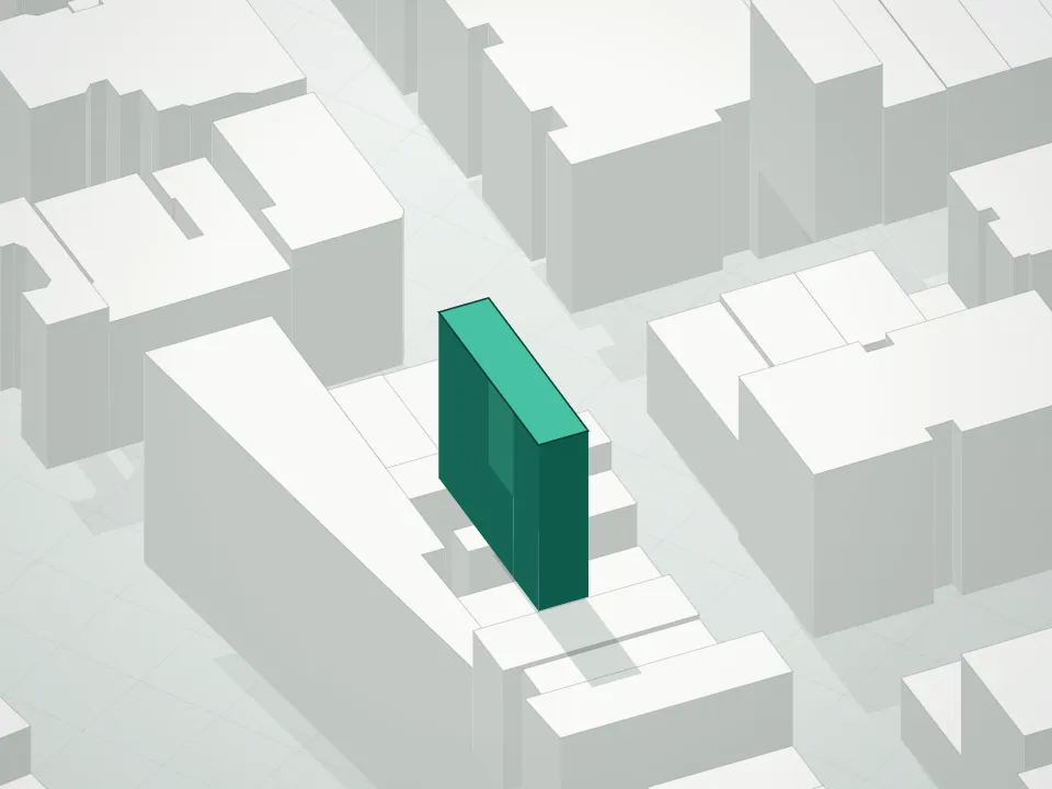 3D massing drawing of 209 East 2nd Street Condominium and neighboring buildings