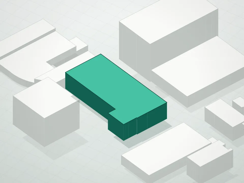 3D massing drawing of Powerhouse Condominium and neighboring buildings