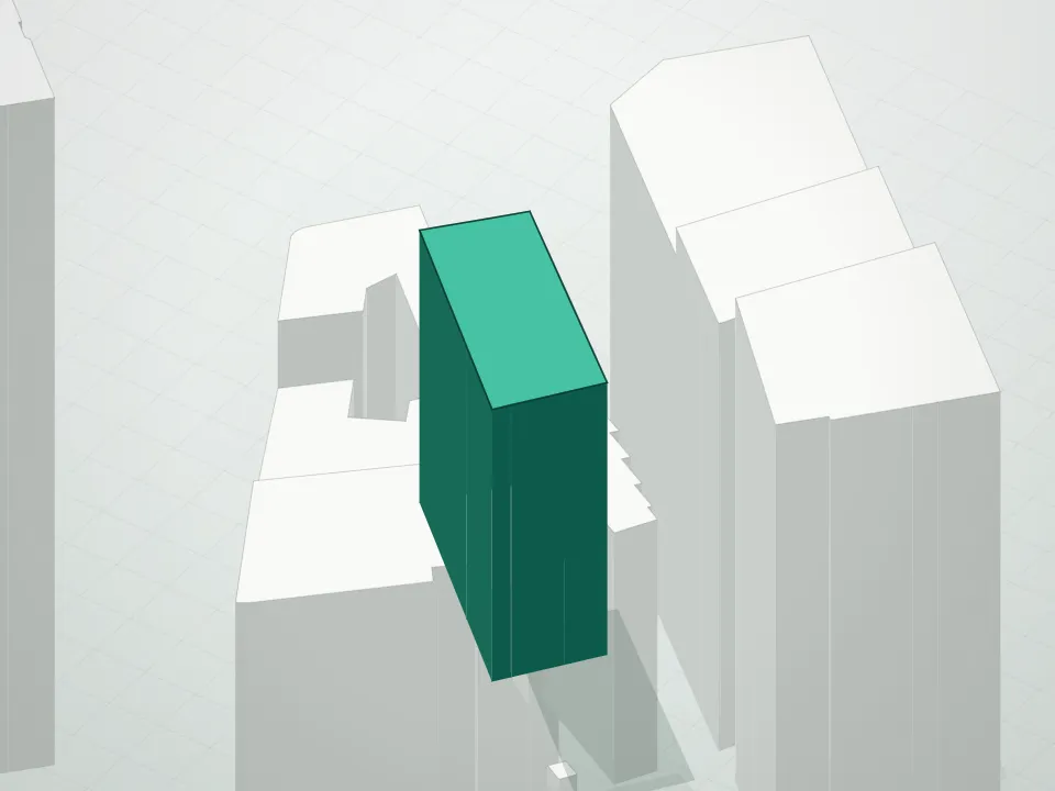 3D massing drawing of 90 William Street and neighboring buildings