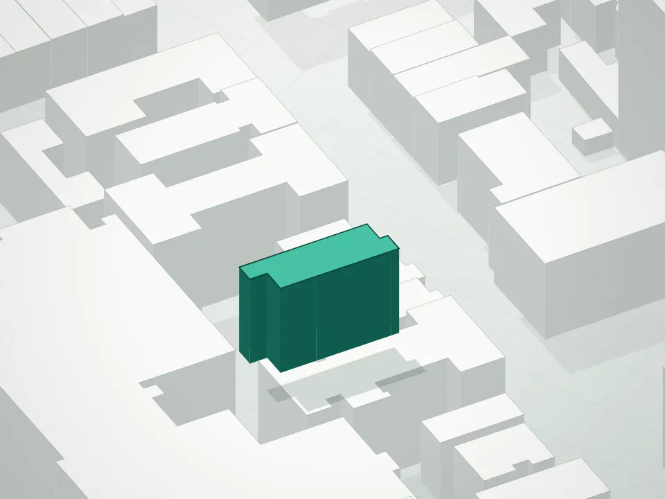 3D massing drawing of 196-200 South 2nd Street Condominium and neighboring buildings