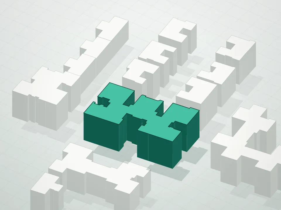 3D massing drawing of Stratford Hall Condominium and neighboring buildings