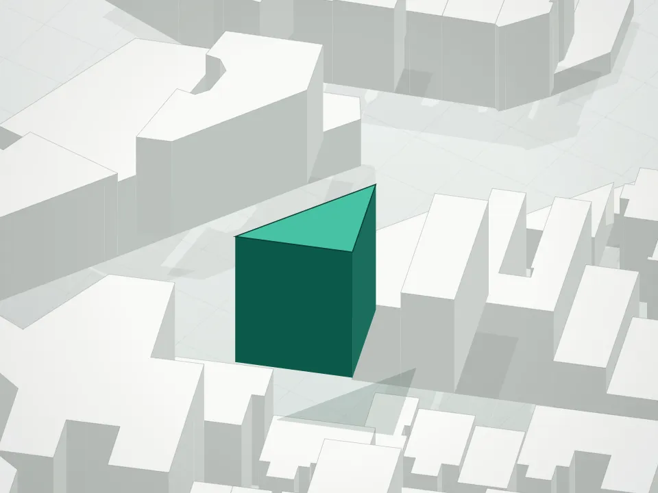 3D massing drawing of One 7th and neighboring buildings