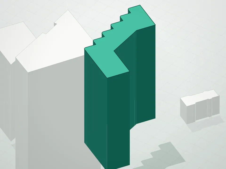 3D massing drawing of 30 Lincoln Plaza Condominium and neighboring buildings
