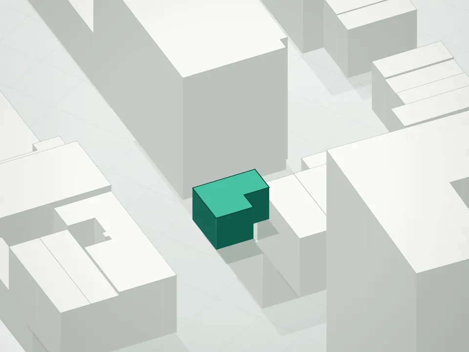 3D massing drawing of Mirada Condominium and neighboring buildings