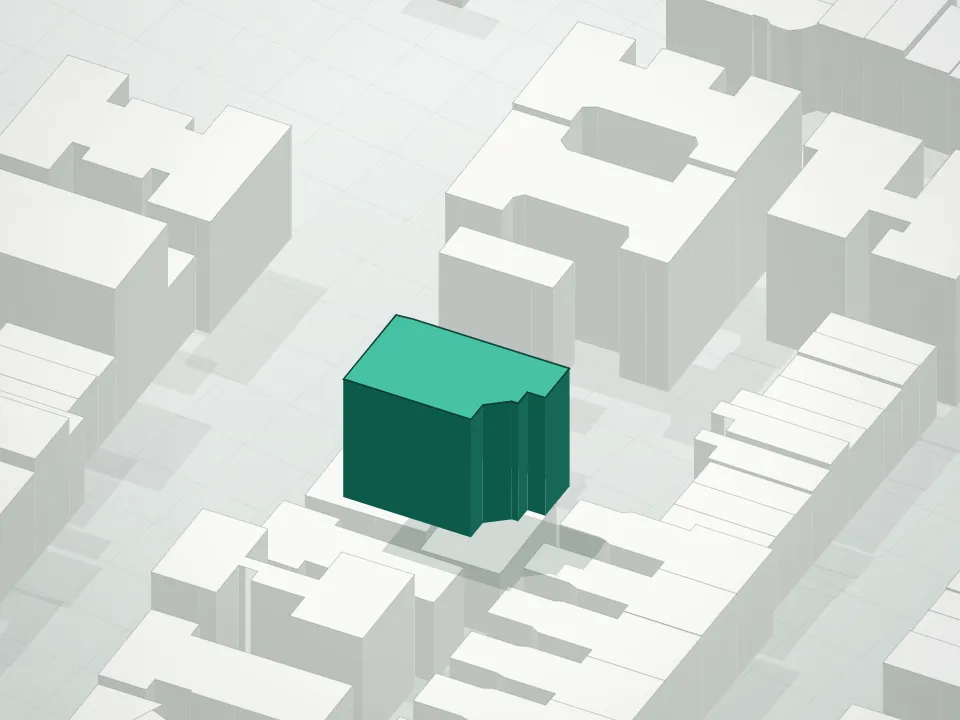 3D massing drawing of Dewitt Condominium and neighboring buildings
