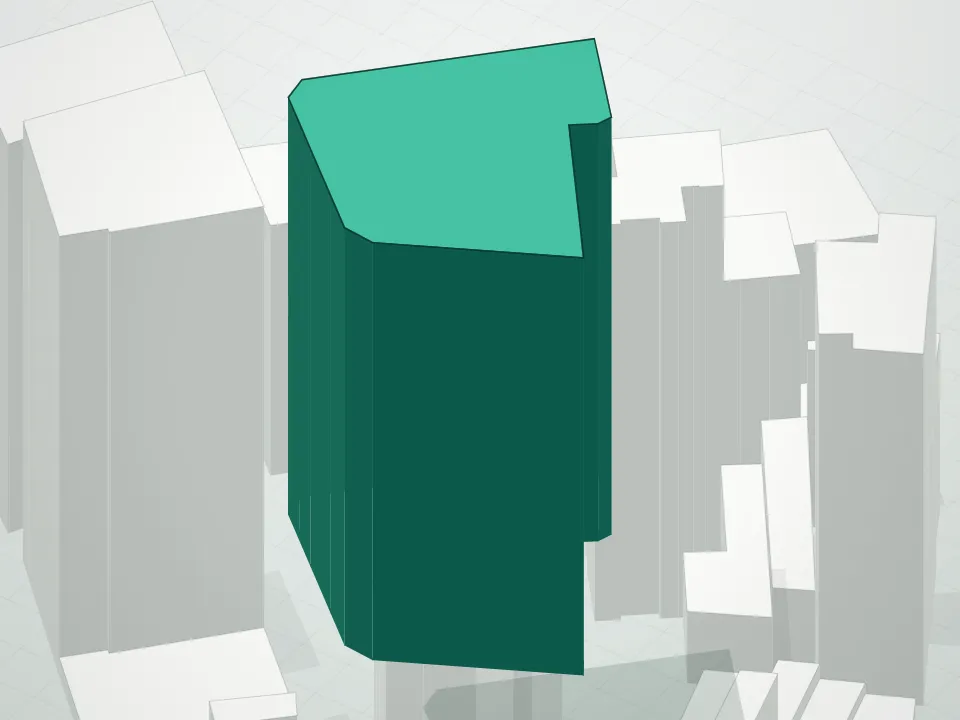 3D massing drawing of 99 John Deco Lofts Condominium and neighboring buildings