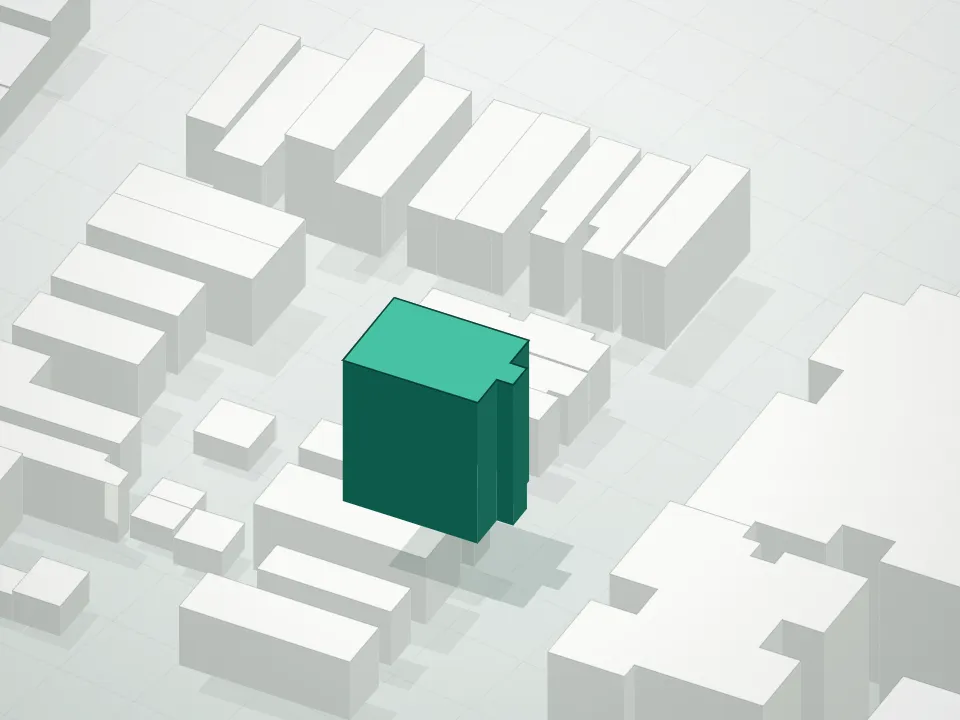 3D massing drawing of Cunningham Park Condominium and neighboring buildings