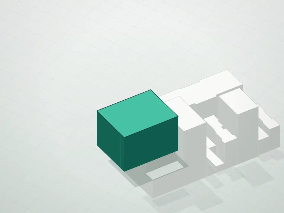 3D massing drawing of River Ridge Condominium and neighboring buildings