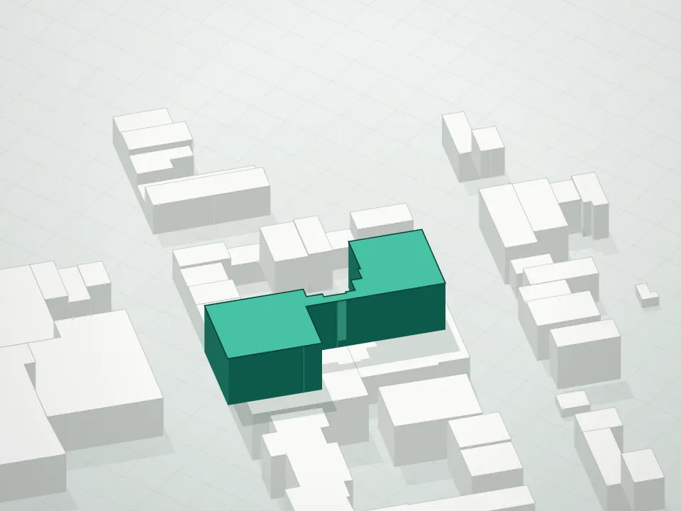 3D massing drawing of 150 North Fifth Street Condominium and neighboring buildings