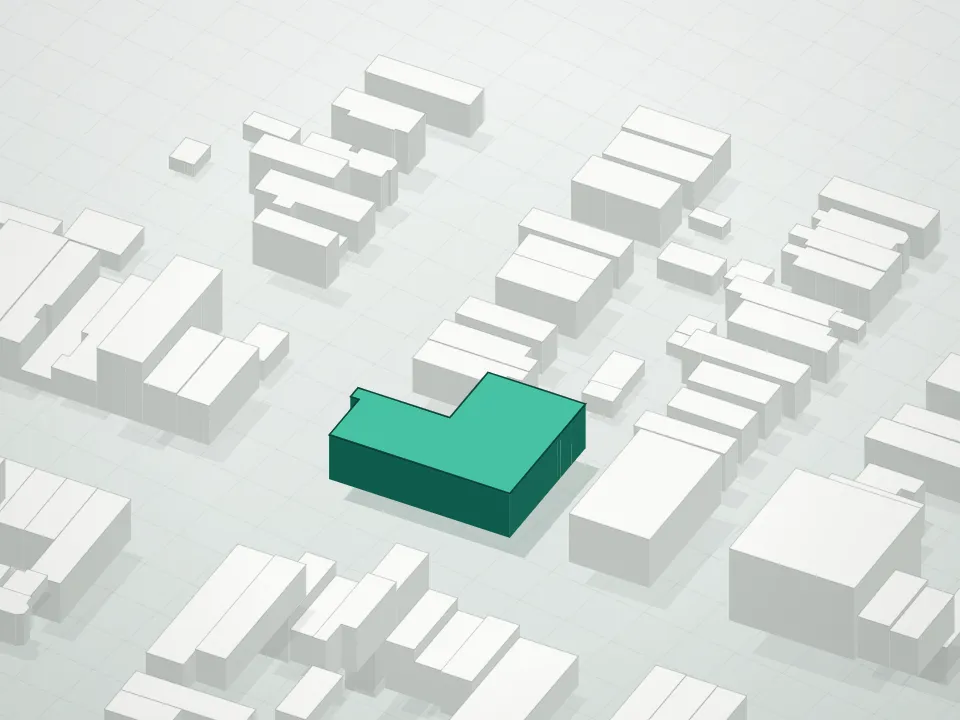 3D massing drawing of Tri-Crown Condominium and neighboring buildings