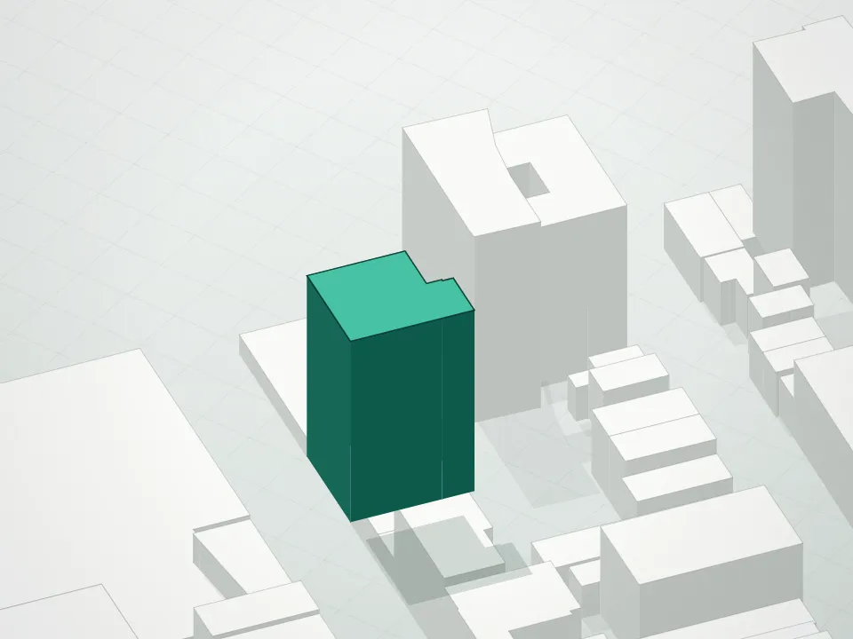 3D massing drawing of Elan Condominium and neighboring buildings