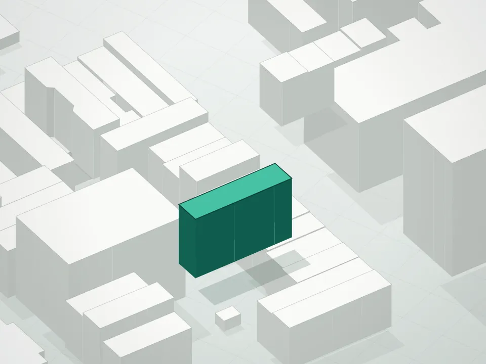 3D massing drawing of Tiffany D Condominiums and neighboring buildings