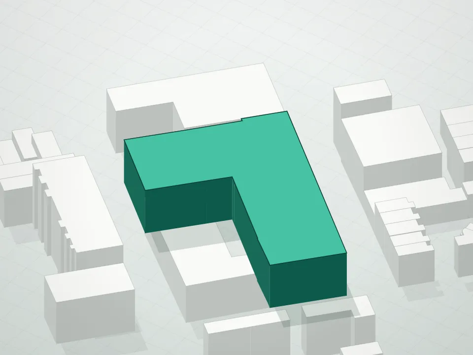 3D massing drawing of Mccaren Park Mews Condominium and neighboring buildings