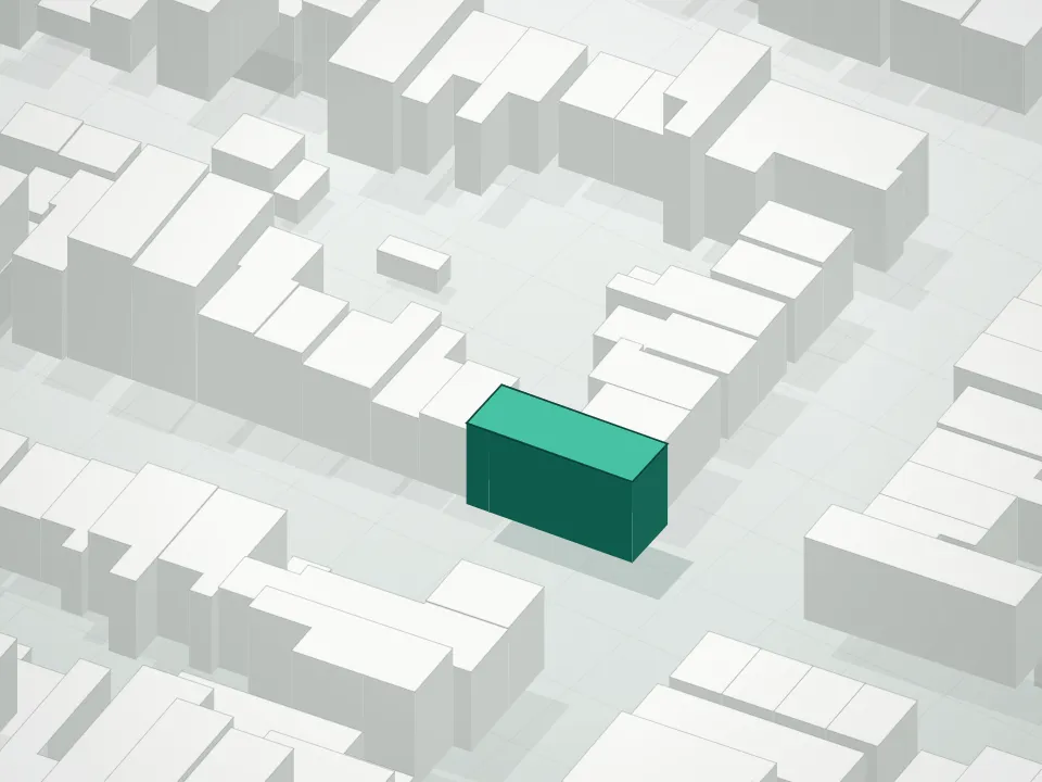 3D massing drawing of One Powers Street Condominium and neighboring buildings