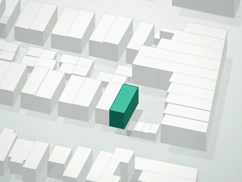 3D massing drawing of 18-65 Linden Street Condominium and neighboring buildings