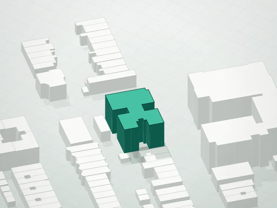 3D massing drawing of 702 44th St./One Sunset Park Condo and neighboring buildings