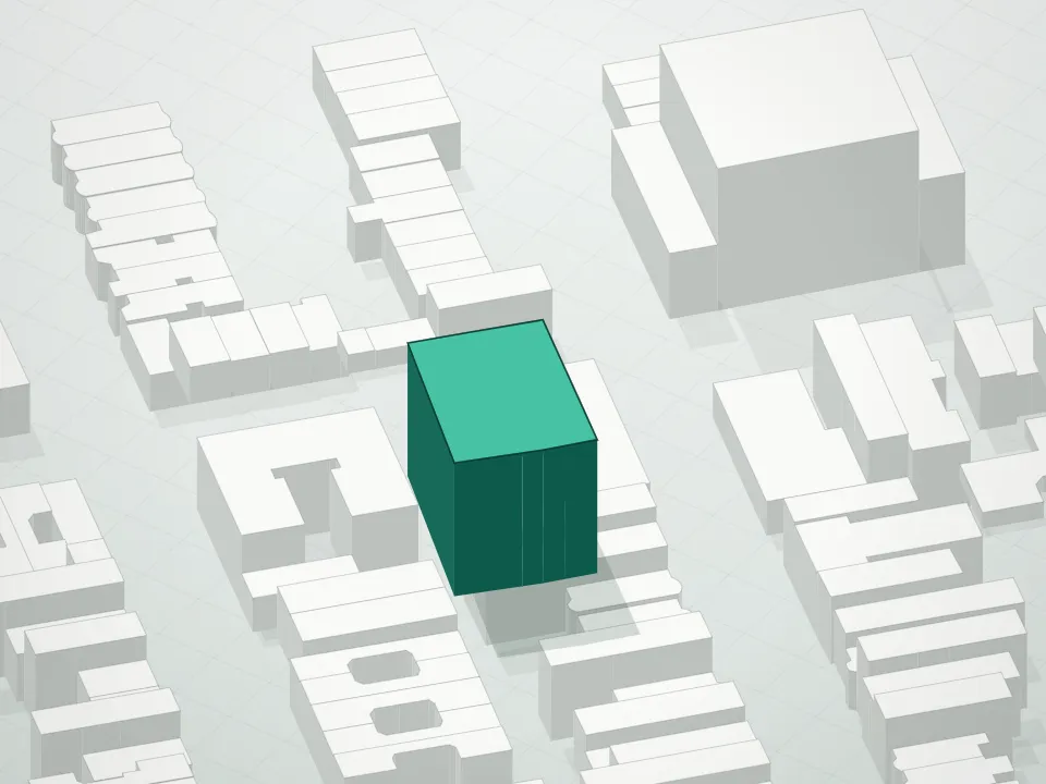 3D massing drawing of Hang Seng Tower and neighboring buildings