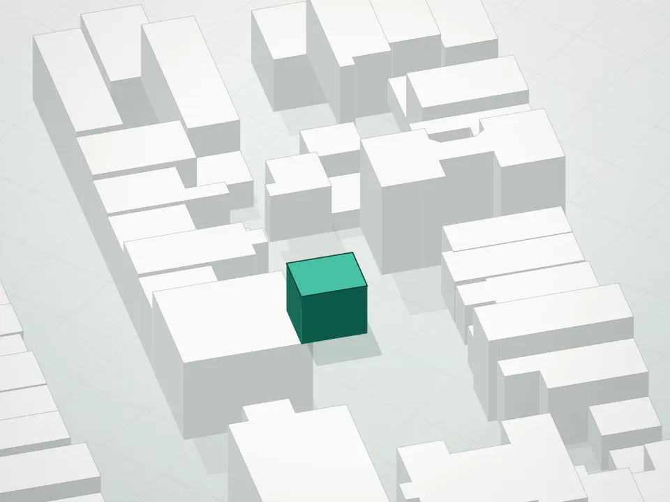 3D massing drawing of 2 Northside Piers Condominium and neighboring buildings