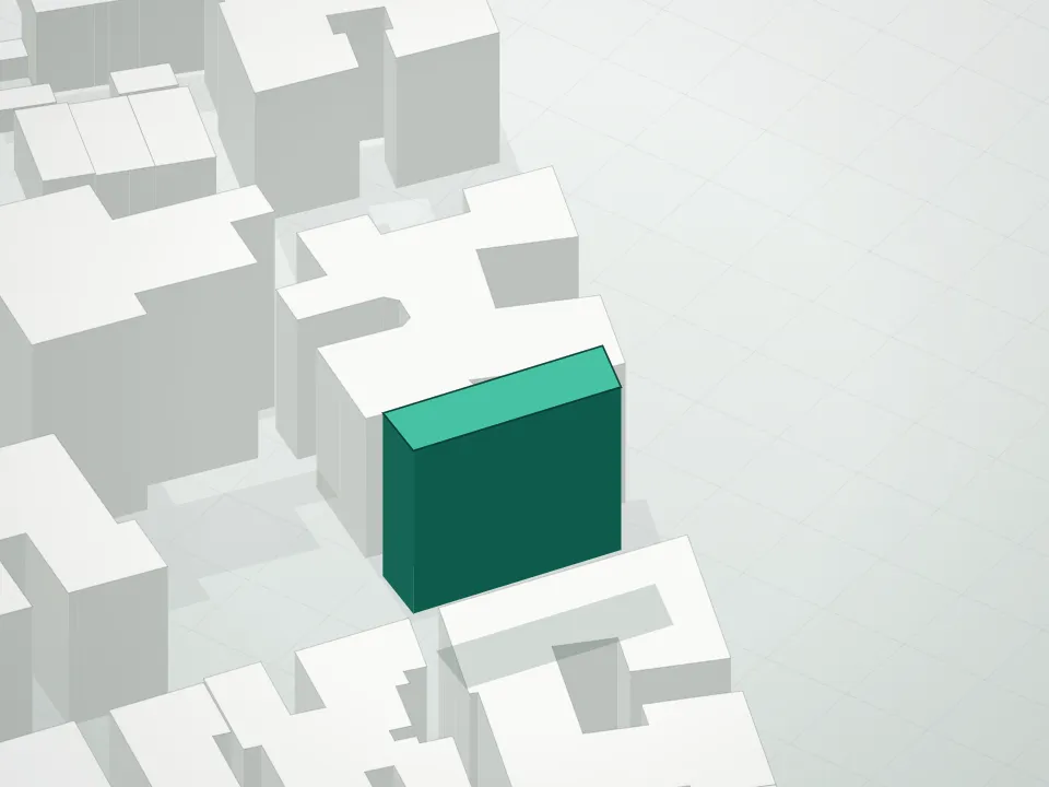 3D massing drawing of Park South Condominium and neighboring buildings
