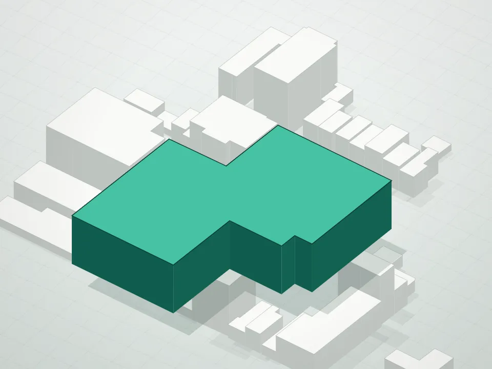 3D massing drawing of Seasons At East Meadow Condominium I and neighboring buildings