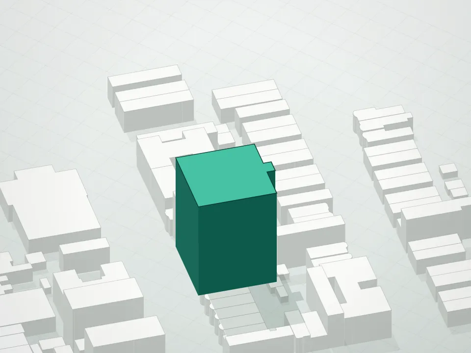 3D massing drawing of Forum Condominium and neighboring buildings