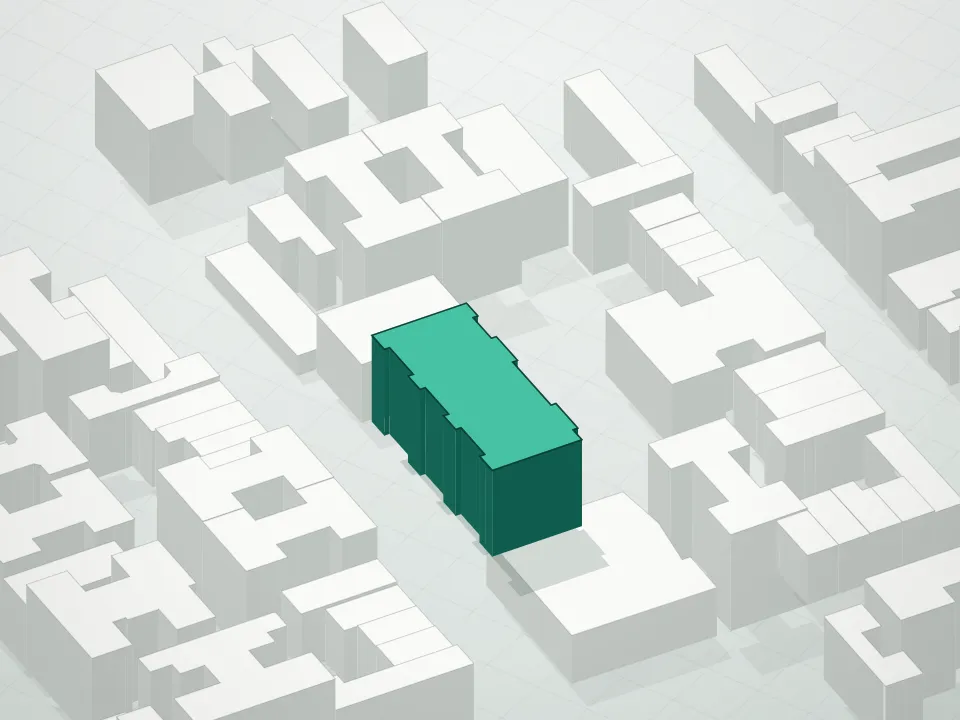 3D massing drawing of South 3rd Street Condominium and neighboring buildings