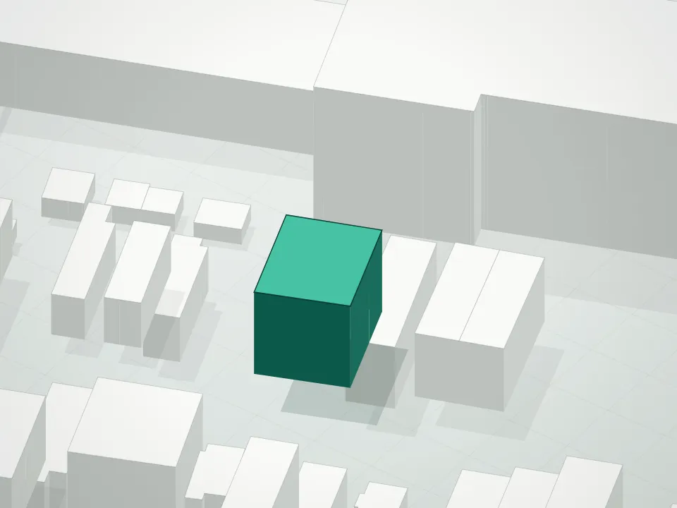 3D massing drawing of Corona Twins Condominium and neighboring buildings