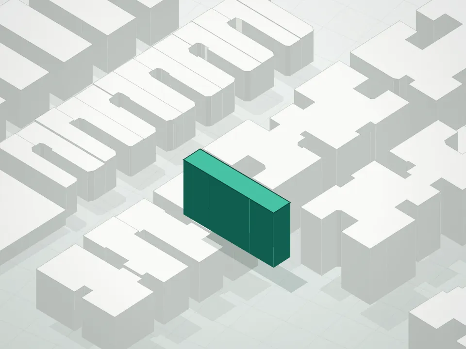 3D massing drawing of Sunnyside Court Condominium and neighboring buildings