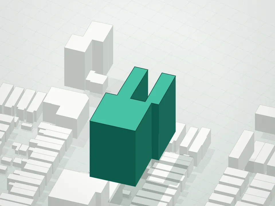 3D massing drawing of Brighton Tower Ii Condominium and neighboring buildings