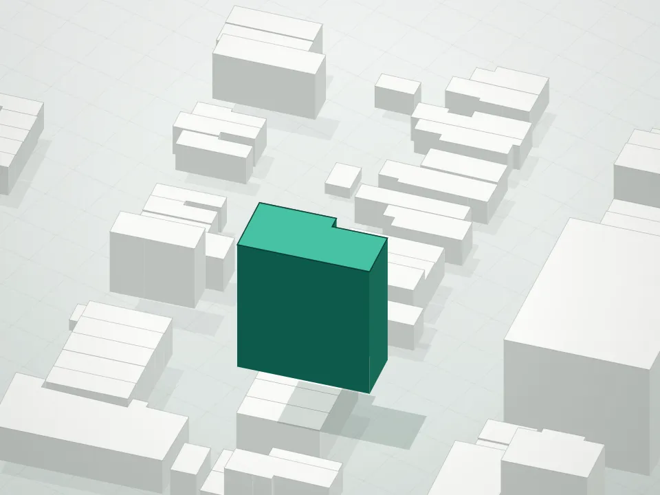 3D massing drawing of Beacon Tower Condominium and neighboring buildings