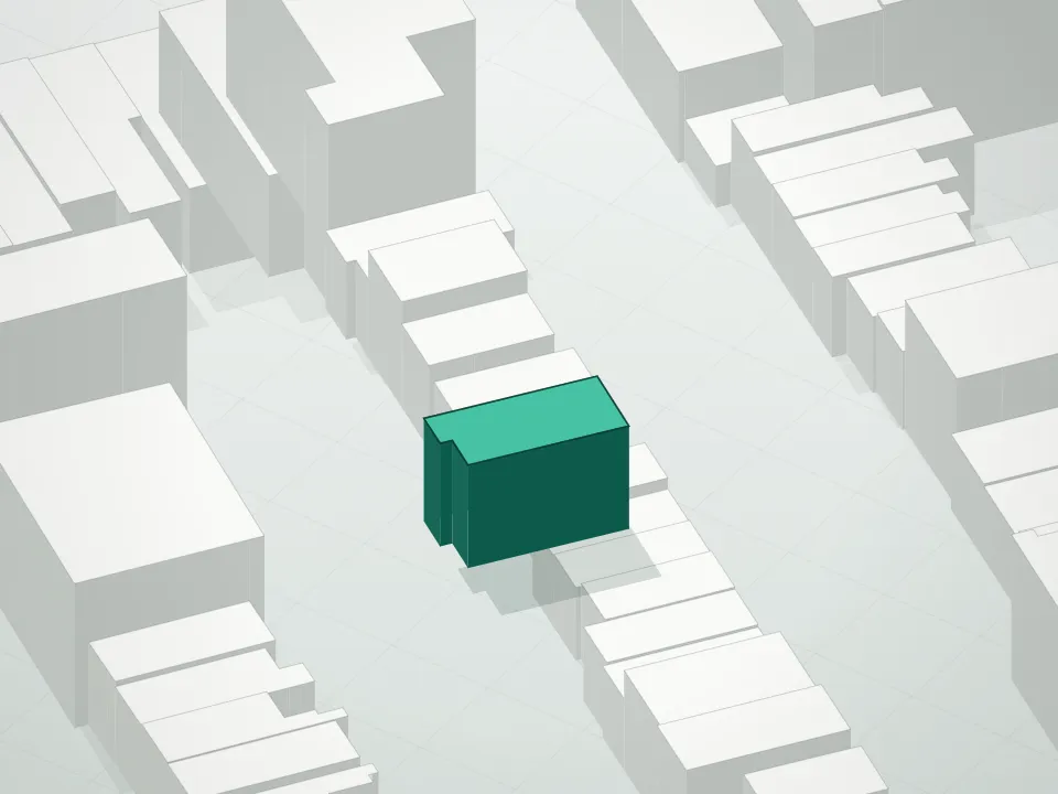3D massing drawing of 290 13th Street Condominium and neighboring buildings